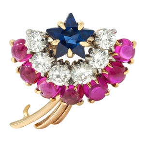 Cartier Retro 14 Karat Gelbgold Diamant Rubin Saphir Vintage Shooting Star Unisex Brosche