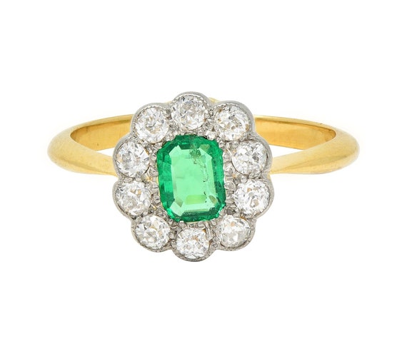 Edwardian Emerald Diamond Platinum 18 Karat Yello… - image 1