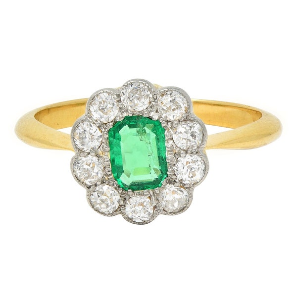 Edwardian Emerald Diamond Platinum 18 Karat Yellow Gold Antique Halo Ring