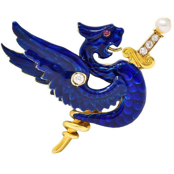 Riker Bros Art Nouveau Diamond Pearl Ruby Blue Enamel 14 Karat Gold Wyvern Serpent Dragon Sword Antique Unisex Brooch