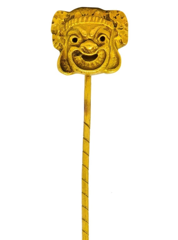 Late Victorian 18 Karat Gold Comedy Mask Stickpin - image 1