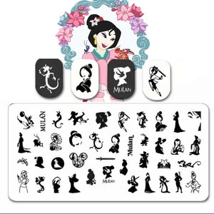 May include: A nail art stamping plate with black and white Mulan-themed designs. The designs include silhouettes of Mulan, a dragon, and other related imagery. The image also includes a cartoon illustration of Mulan, with a floral border.