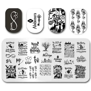 May include: A set of 16 black and white nail art stamping plates featuring Harry Potter themed designs. The plates include images of the Hogwarts crest, the Hogwarts Express, the Deathly Hallows symbol, and various quotes from the books.