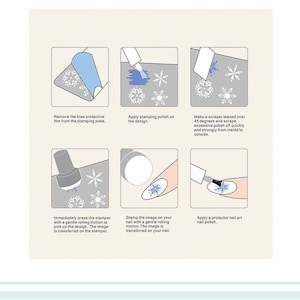 Puede incluir: Una gu&iacute;a de seis pasos para el estampado de u&ntilde;as con im&aacute;genes de cada paso. Los pasos incluyen quitar la pel&iacute;cula protectora, aplicar esmalte de estampado, raspar el exceso de esmalte, estampar la imagen y aplicar una capa superior.