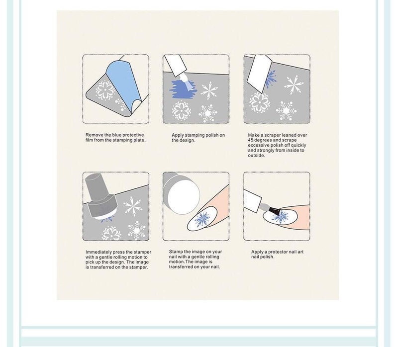 Puede incluir: Una gu&iacute;a de seis pasos para el estampado de u&ntilde;as con im&aacute;genes de cada paso. Los pasos incluyen quitar la pel&iacute;cula protectora, aplicar esmalte de estampado, raspar el exceso de esmalte, estampar la imagen y aplicar una capa superior.