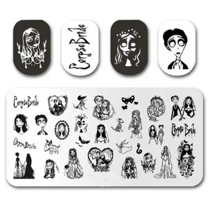 May include: Nail art stamping plate featuring images from the film Corpse Bride. The plate includes images of the main characters, Victor and Emily, as well as other details from the film, such as a skeleton, a bat, and a heart. The plate is made of metal and has a clear protective coating.