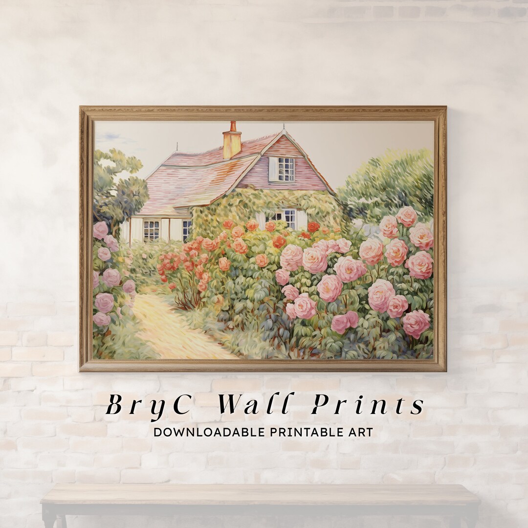 Printable Cottage Rose Garden, Vintage Oil Painting, Cottagecore Wall ...