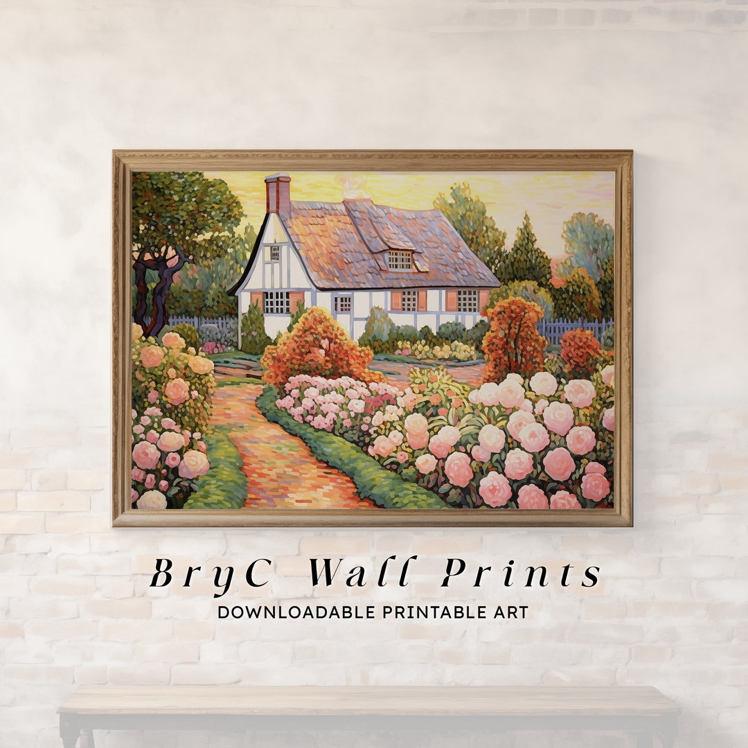 Printable Cottage Rose Garden, Vintage Oil Painting, Cottagecore Wall ...