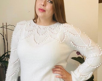 Handmade seamless angora sweater/ white angora sweater/ fluffy sweater/ Elegant fashion