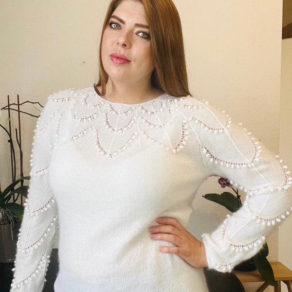 Handmade seamless angora sweater/ white angora sweater/ fluffy sweater/ Elegant fashion
