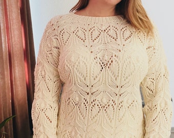 Chunky merino cashmere knit sweater/crew neck sweater/openwork wool sweater/oversized sweater/women's sweater/cozy sweater