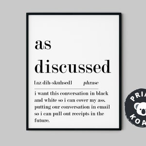 Home Office Wall Art, As Discussed Definition Print, Funny Office Decor, Office Dictionary, Printable Wall Art, Work From Home Poster Print