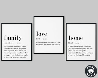 Family Home Love Definition Print, Set Of 3 Wall Art, Modern Home Decor, Home Definition, Love Definition,Family Definition,Digital Download