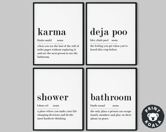 Bathroom Definitions Set of 4 Prints,  Karma,  Deja Poo,  Shower, Bathroom Signs, Bathroom Printables, Bathroom Wall Decor, Digital Download