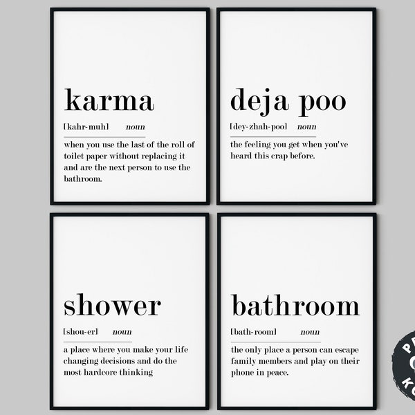 Bathroom Definitions Set of 4 Prints,  Karma,  Deja Poo,  Shower, Bathroom Signs, Bathroom Printables, Bathroom Wall Decor, Digital Download
