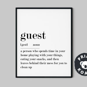 Guest Definition Print, Funny Definition Art, Guest Room Print, Guest Sign, Guest Quote Bedroom Wall Art, Instant Download, Definition Art
