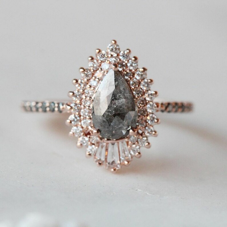 Salt and Pepper Stone Ring Pear Cut Engagement Ring Double Etsy