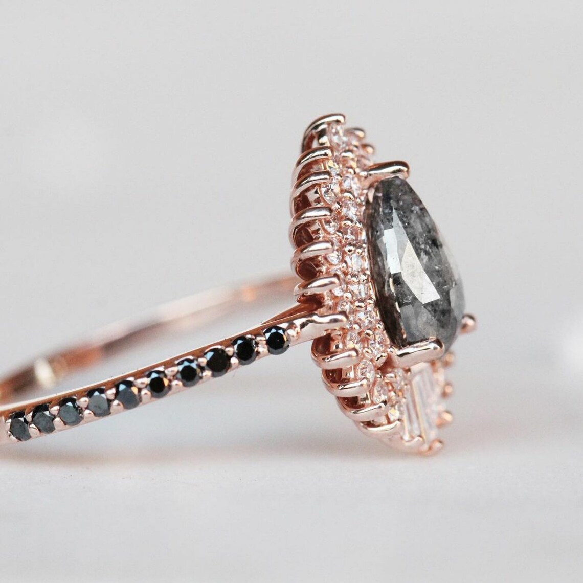Salt and Pepper Stone Ring Pear Cut Engagement Ring Double Etsy