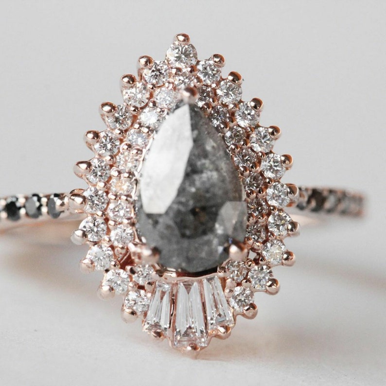 Salt and Pepper Stone Ring Pear Cut Engagement Ring Double Etsy