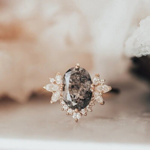 Vintage Salt and Pepper Diamond Ring Emerald Cut Hidden Halo Etsy