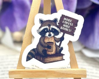 Pegatina de mapache amante de los libros: vinilo de café y libros