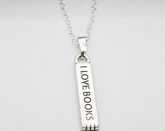Book Necklace: Sterling Silver "I Love Books" Pendant