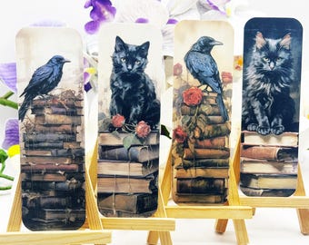 Gothic Cat & Raven Laminated Bookmarks: Reader Gift