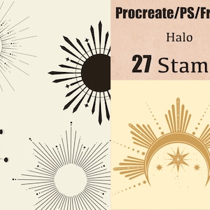 27 Procreate Celestial Tattoo Stamps Brush Pack Geométrico Forma abstracta Tinta Estrella Zodiaco Cósmico Místico Fresco Tattoo Stamp Set, Halo