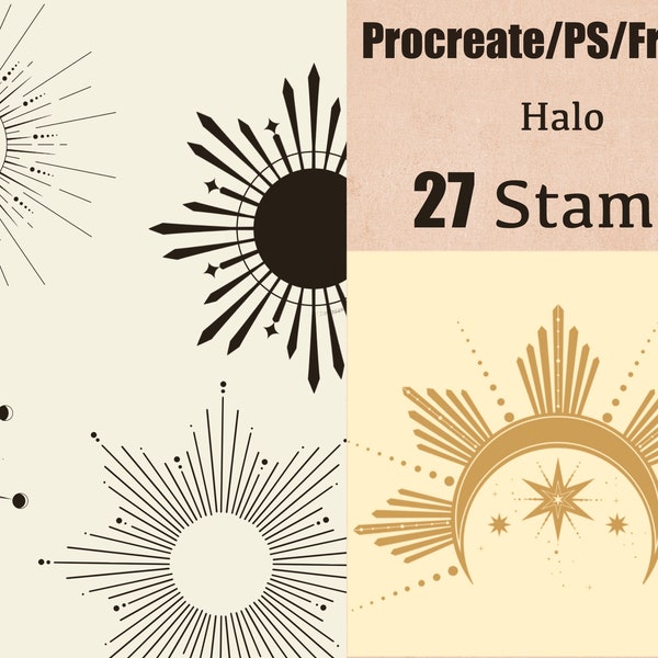 27 Procreate Celestial Tattoo Stamps Brush Pack Geometric Abstract Shape Ink Star Zodiac Cosmic Mystic Fresco Tattoo Stamp Set , Halo