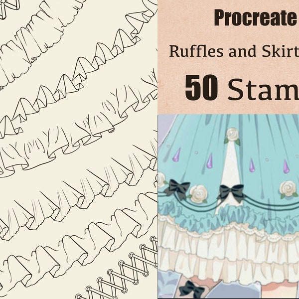 50 Procreate Ruffles Brush, Procreate skirt hem, Procreate fashion illustration , Procreate clothes stamps, Pattern Design, Fashion Design