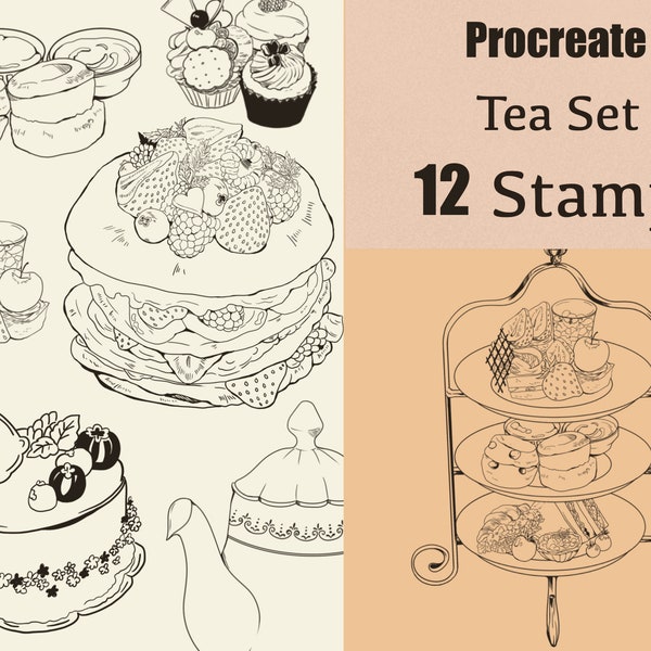 Procreate Cake stamps ,Procreate Teaset Stamps Procreate, Procreate card design, Procreate Food ,Procreate Menu design brush set