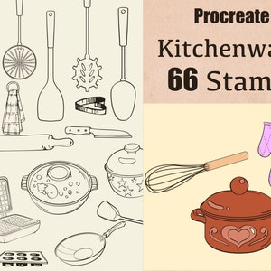 66 Procreate Kitchenware stamps ,Cooking Stamps Procreate, Procreate bakery stamps, Procreate Food ,Procreate Menu design brush set