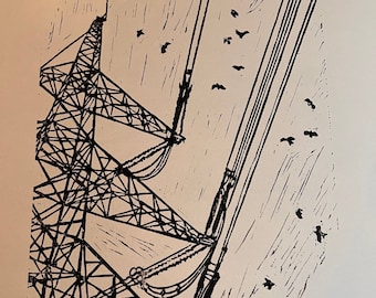 Grabado en linóleo, torre eléctrica, ingeniería y naturaleza, impresión artística.