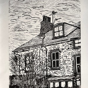 back gardens. Original lino print. signed
