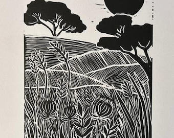 Sanfte Hügel, original Linoldruck