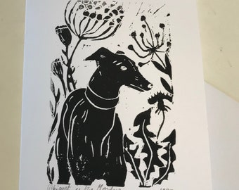 May include: Black and white linocut print of a whippet dog in a meadow. The dog is wearing a collar and is surrounded by stylized plants and flowers. The text "Whippet in the Meadow" is printed at the bottom.