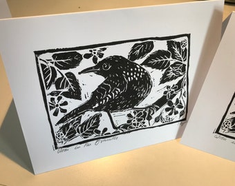 Wren in the Brambles, Original linocut Print, Handprinted and signed. Open Edition. Iris Kleinecke-Bates