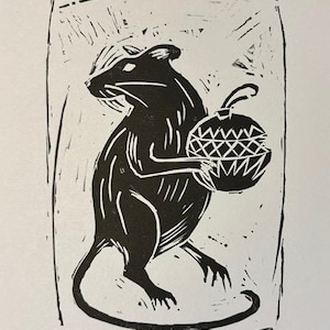 Bauble Thief! Impressão em linóleo Fancy Rat, cartão de Natal, cartão de felicitações