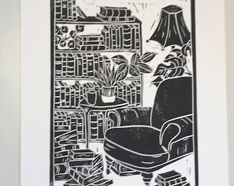 Books are not Clutter, Original linocut Print, Handprinted and signed. Open Edition. Iris Kleinecke-Bates