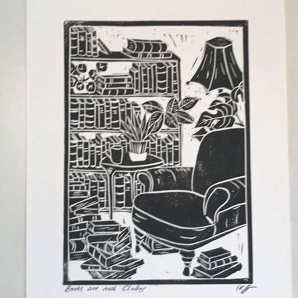 Books are not Clutter, Original linocut Print, Handprinted and signed. Open Edition. Iris Kleinecke-Bates