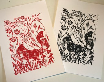 Räv i ängen, original linoleumsnitt, handtryckt och signerad. Öppen upplaga. Iris Kleinecke-Bates