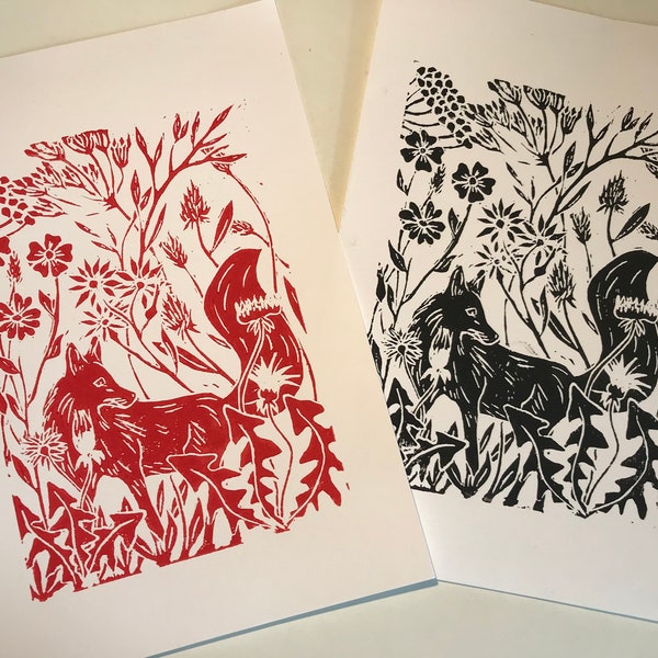 Fox in the Meadow, Original linocut Print, Handprinted and signed. Open Edition. Iris Kleinecke-Bates