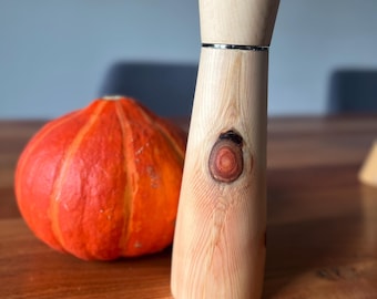 Könnte beinhalten: Eine Pfeffermühle aus hellem Holz mit natürlicher Maserung und einem dekorativen Astloch. Links von der Mühle liegt ein kleiner, runder, orangefarbener Kürbis. Die Mühle hat ein silbernes Band in der Nähe der Oberseite.