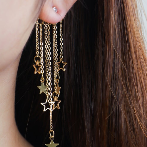 Twoway Gold Star Ear Climber Earrings With Crystal Chain Etsy Canada