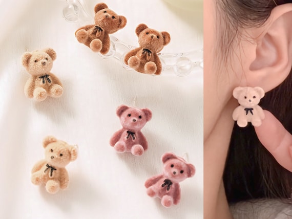 outdoor cute bear earrings Brown bear glitter stud wood earrings