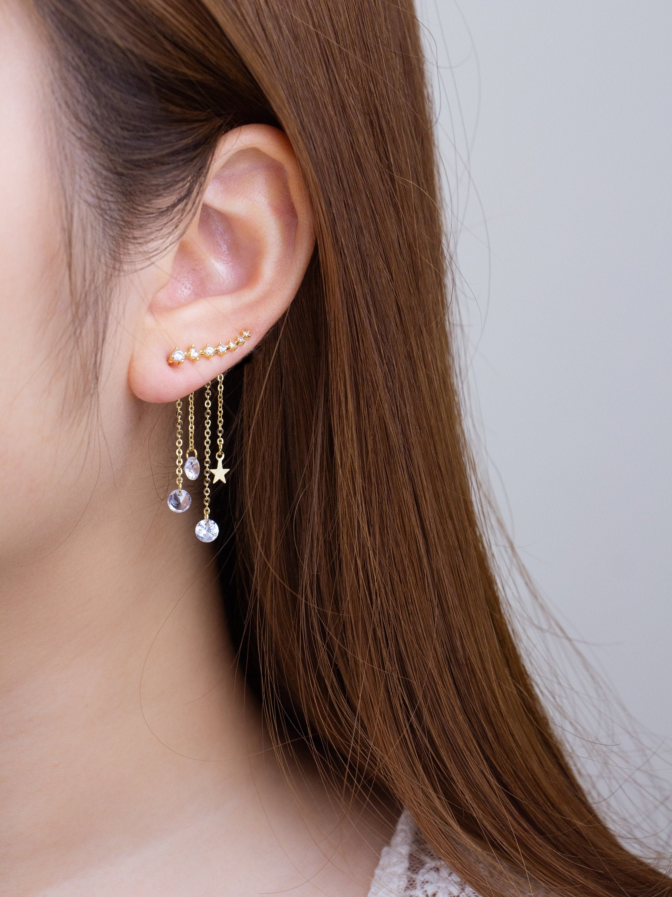 Polytree Earrings Star Rhinestone Inlaid Chain Tassel Climber Ear Stud for Womens Girls Charm Accessories 