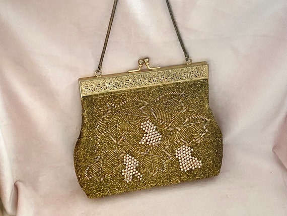 Vintage beaded purse, Gold beaded purse, Beaded h… - image 4