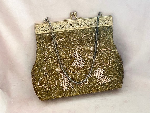 Vintage beaded purse, Gold beaded purse, Beaded h… - image 2