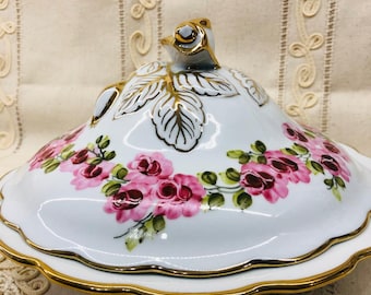 Hand Painted Floral Motif Covered Dish  Rose Dish Gold Gilding  Turkish Collectible Porcelain