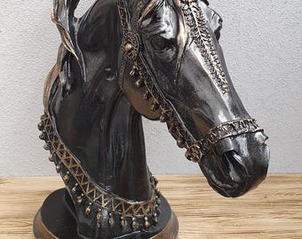 Black Horse Head Sculpture, Vintage Equestrian Decor, Rustic Home Decor